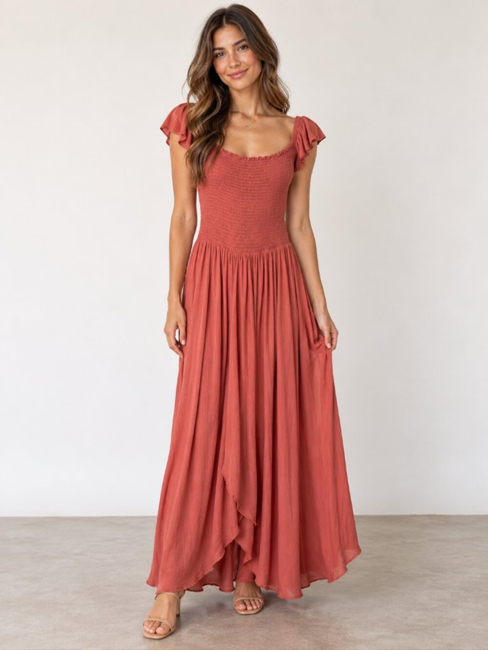 Young Fabulous & Broke Coral Smocked Ruffle Maxi Dress Size S